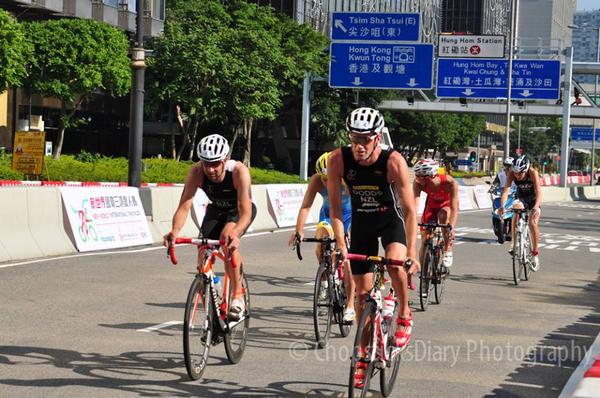 Tony Dodds leading the pack during the bike.